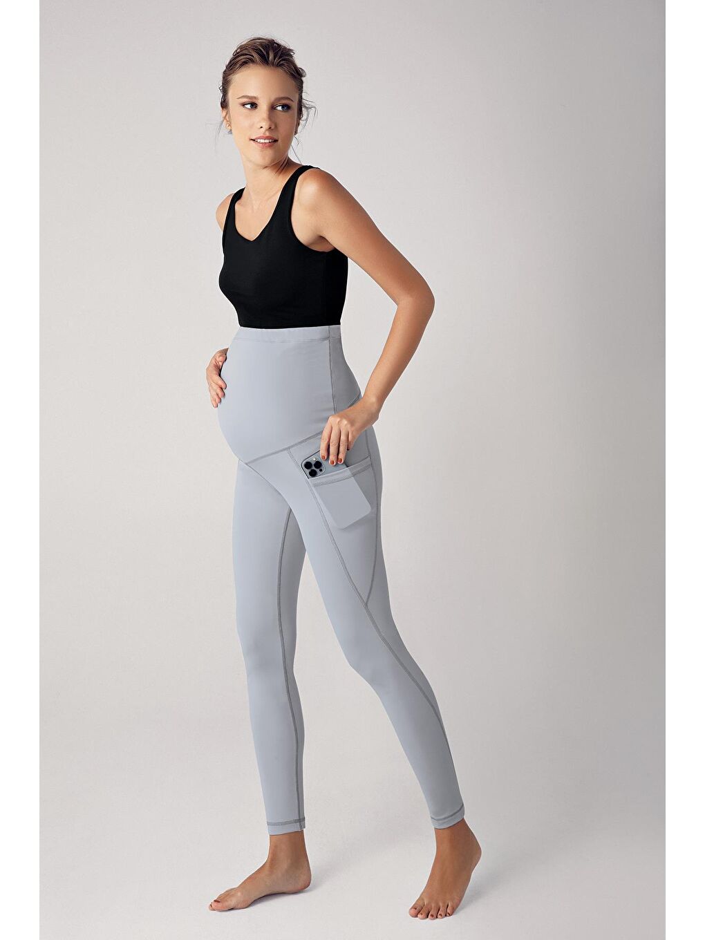 Gri Ayarlanabilir Yüksek Bel Esnek Toparlayıcı Çift Cepli Spor Hamile Tayt T06