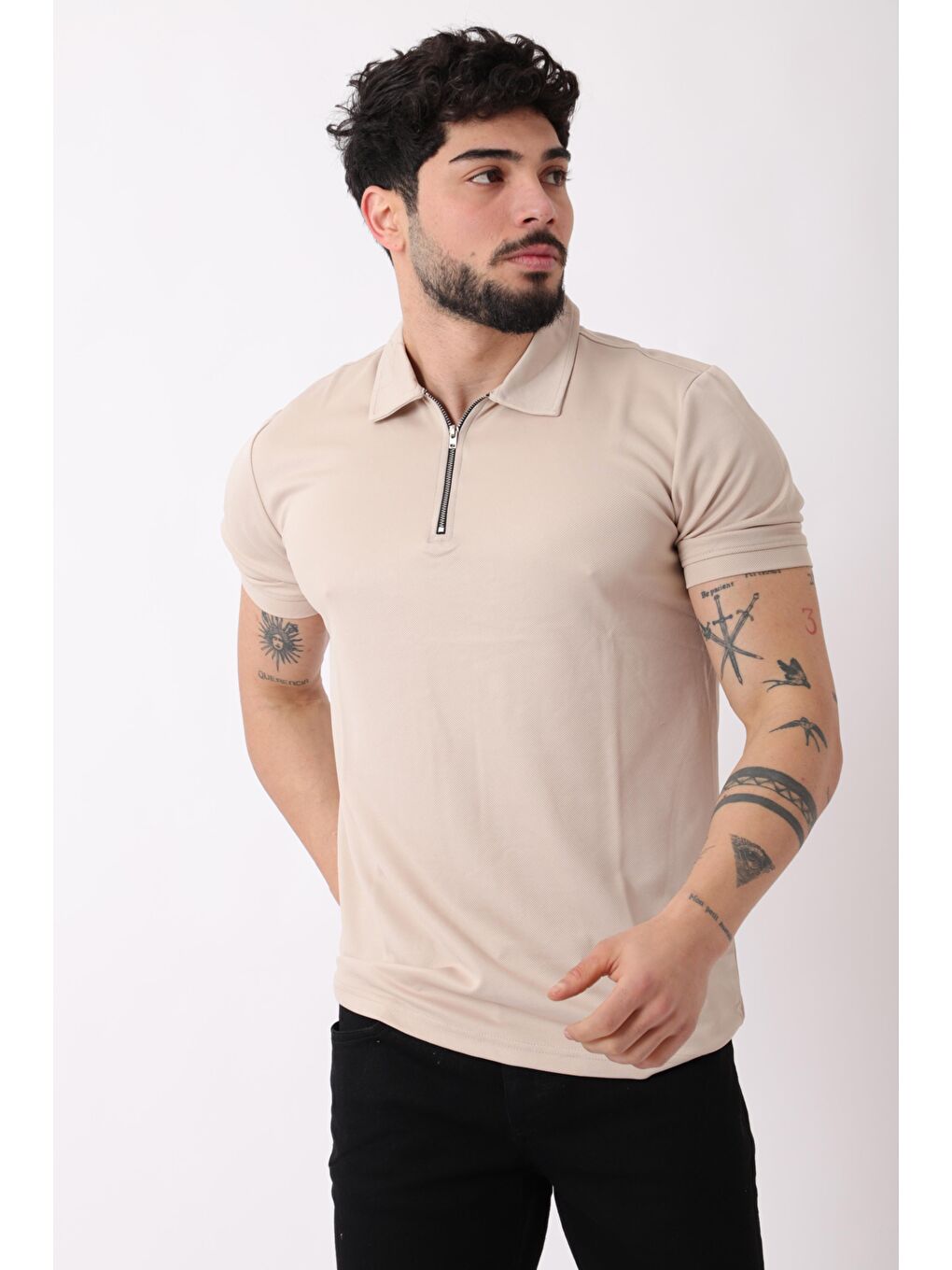 Bej Yakalı Yarım Fermuarlı Erkek Tişört JS C-1022_30414-2