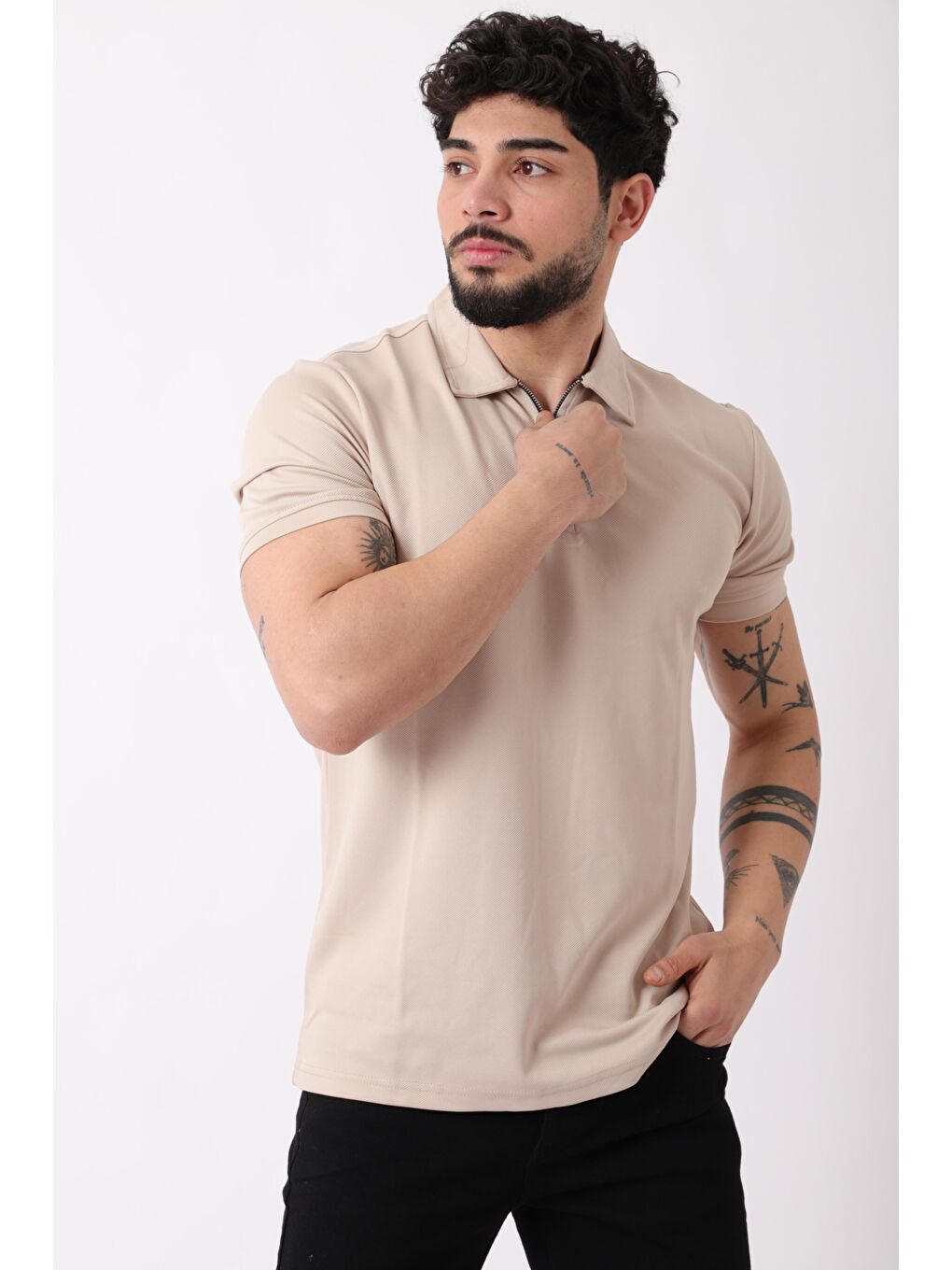Bej Yakalı Yarım Fermuarlı Erkek Tişört JS C-1022_30414-3