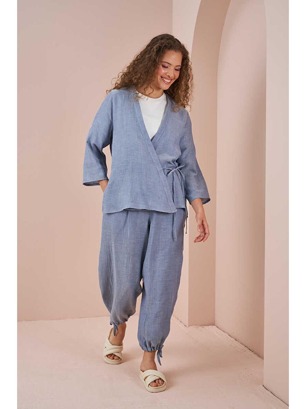 Kruvaze Kimono Müslin Bluz Mavi-2