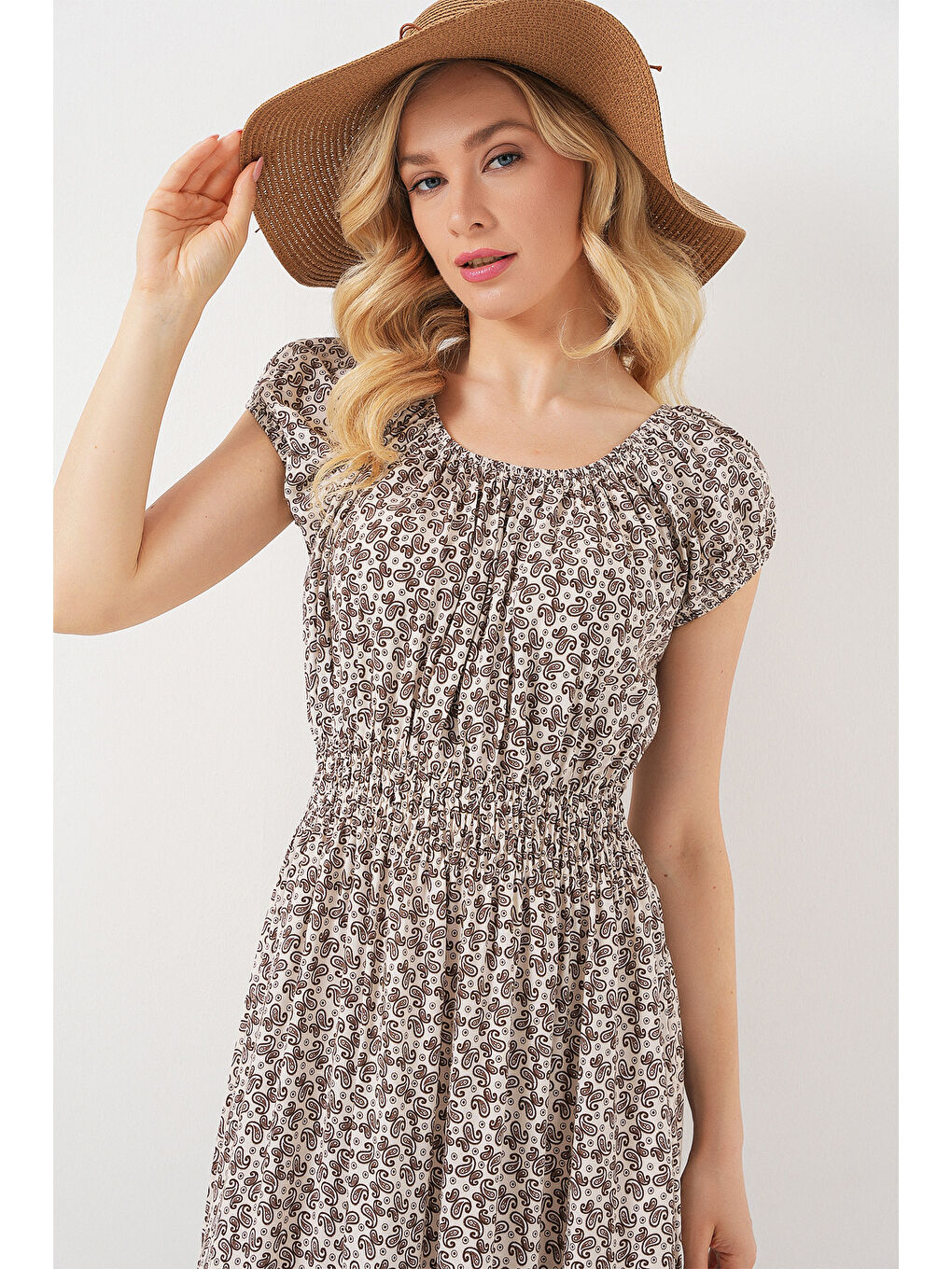 Kadın Yakası Büzgü Detaylı Elbise 2544 - Kahverengi-1