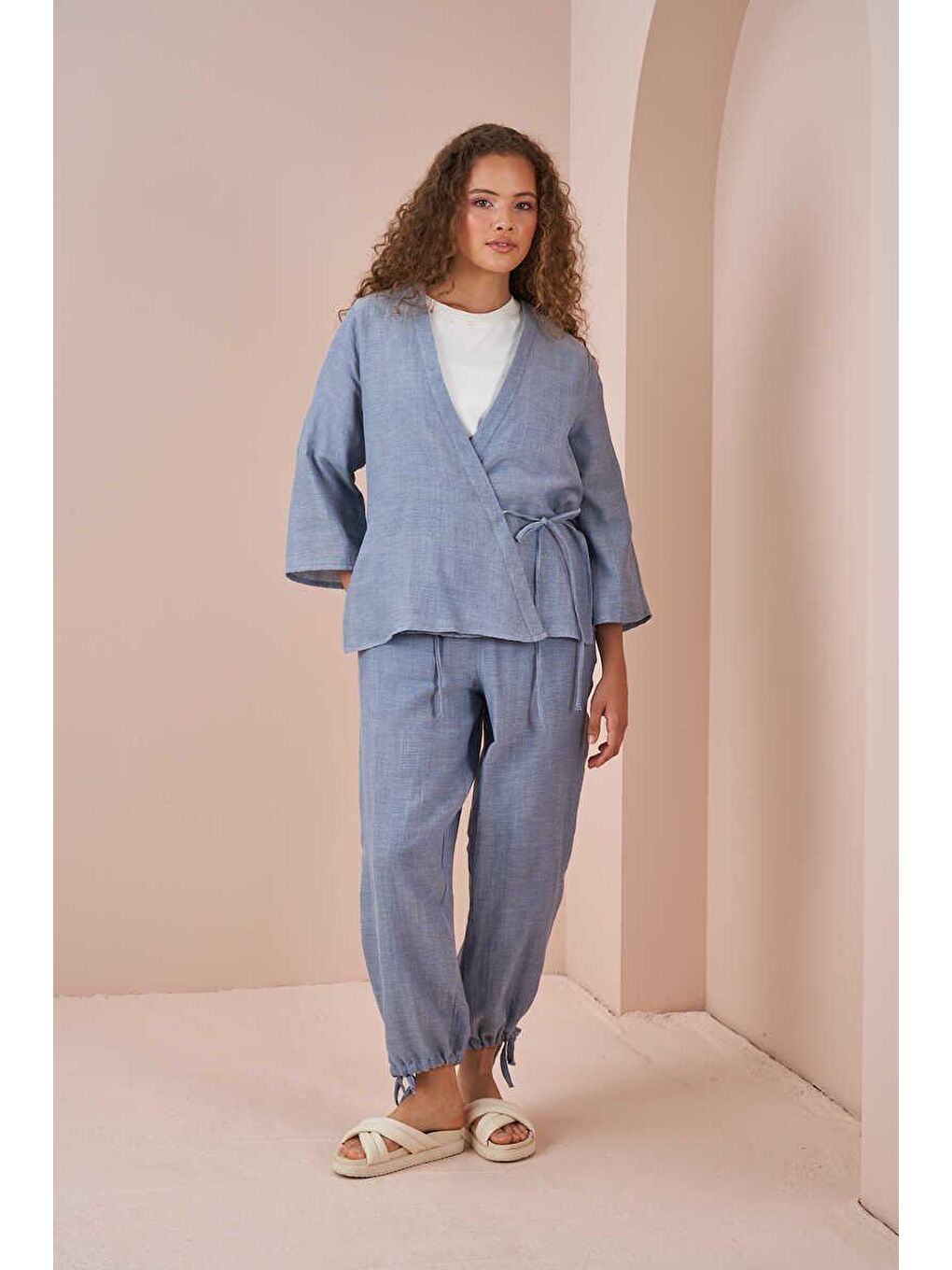 Kruvaze Kimono Müslin Bluz Mavi-3