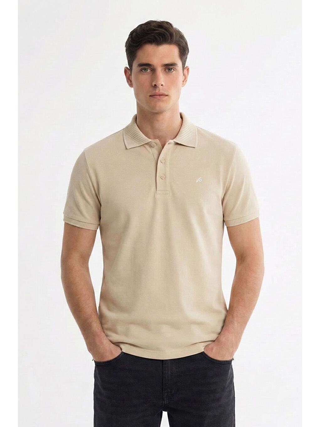 Bej Kum Standart Fit %100 Pamuklu Polo Yaka Erkek Tişört