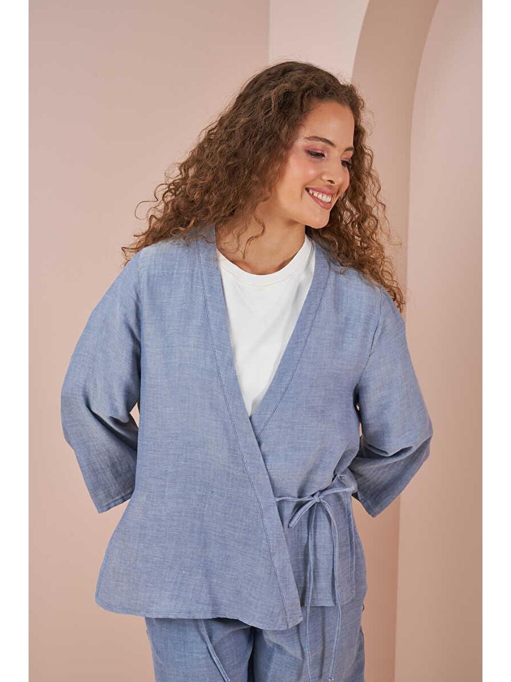 Kruvaze Kimono Müslin Bluz Mavi-4