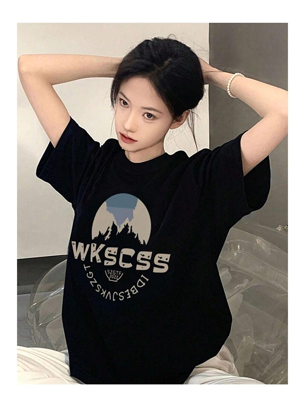 Kadın Siyah Wkscss Baskılı Oversize Tişört