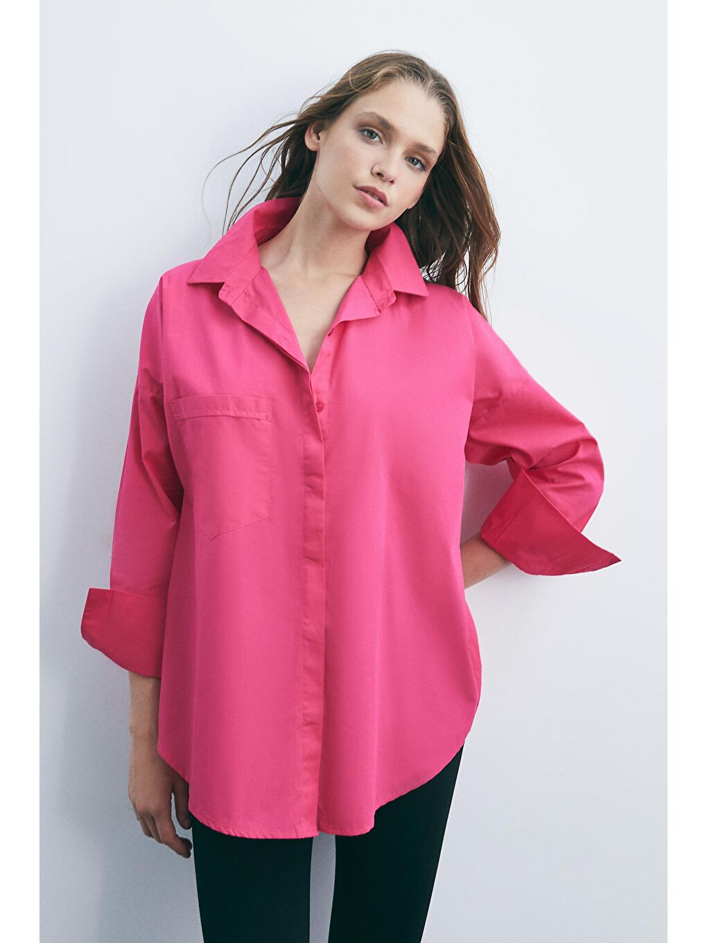 Fuşya, Pamuk Poplin Dokuma Gömlek-3