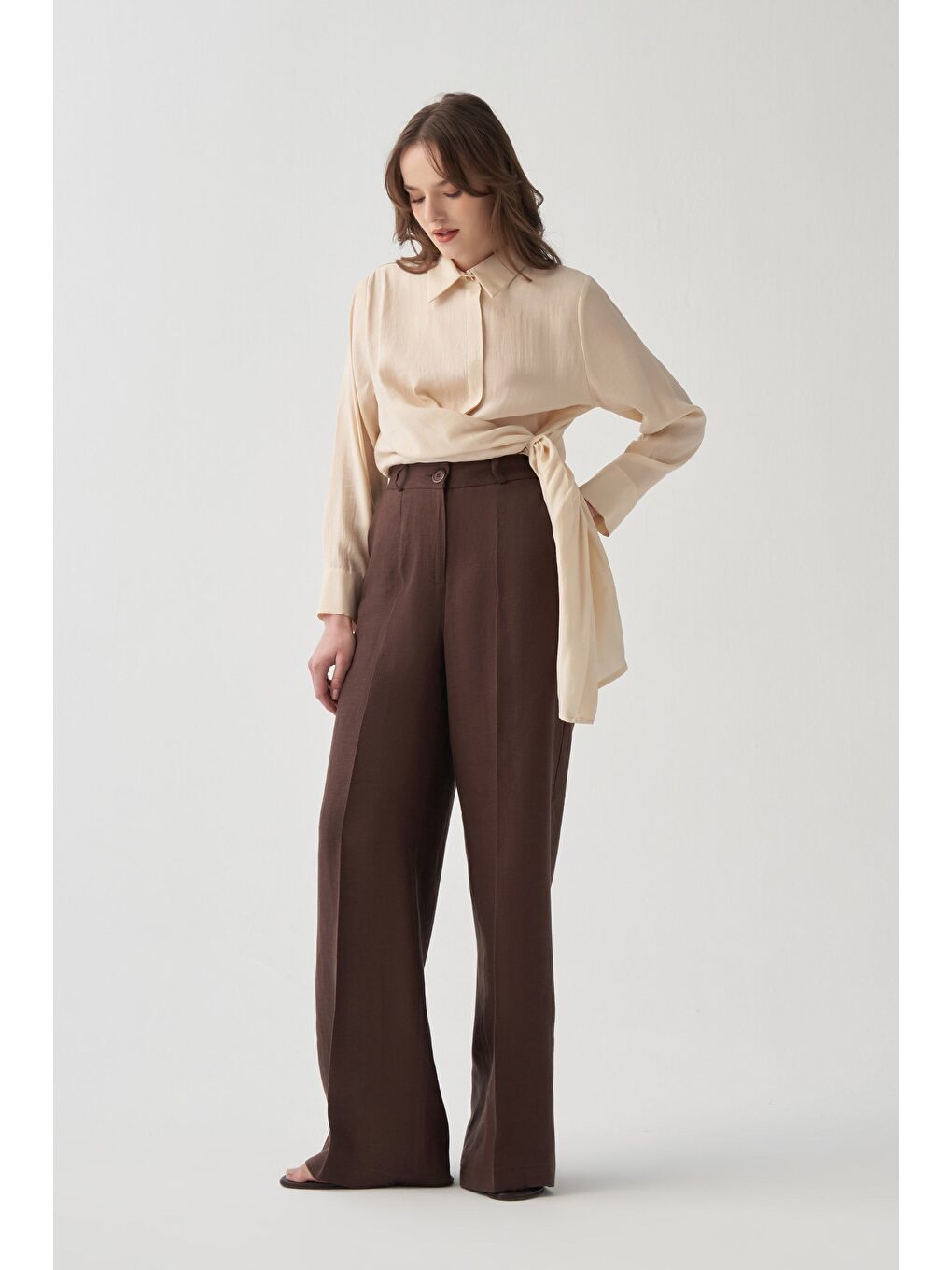 Kahverengi Kahve-Keten Palazzo Pantolon