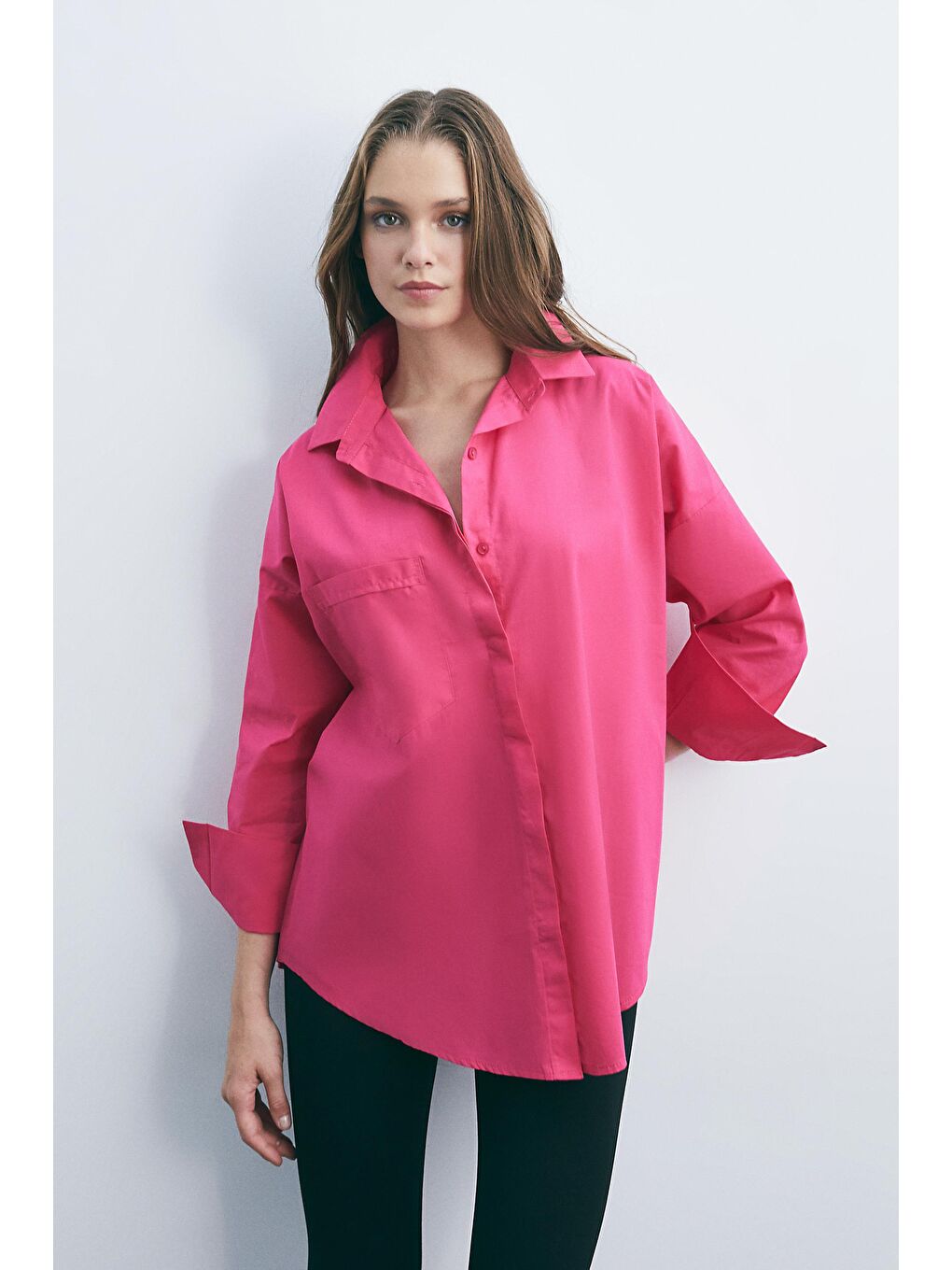 Fuşya, Pamuk Poplin Dokuma Gömlek-5