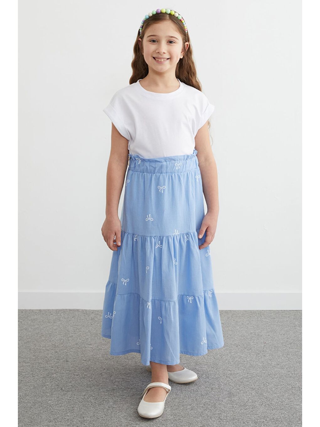 Mavi %100 Pamuk Beli Lastikli Fiyonk Nakışlı Kız Çocuk Etek-1