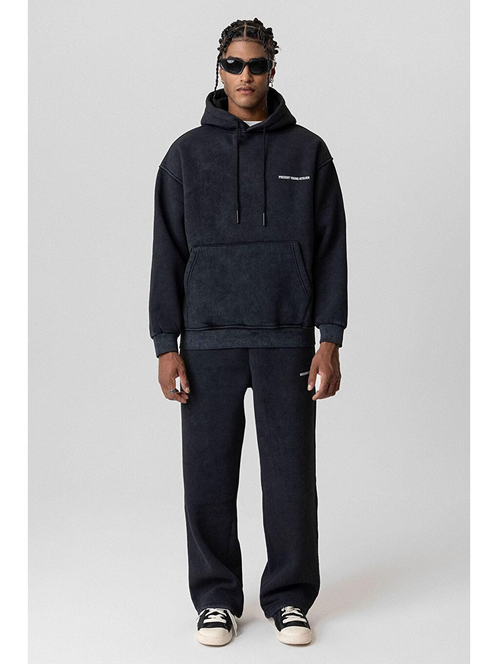 Yıkamalı Yazı Detaylı Oversize Eşofman Takım Siyah