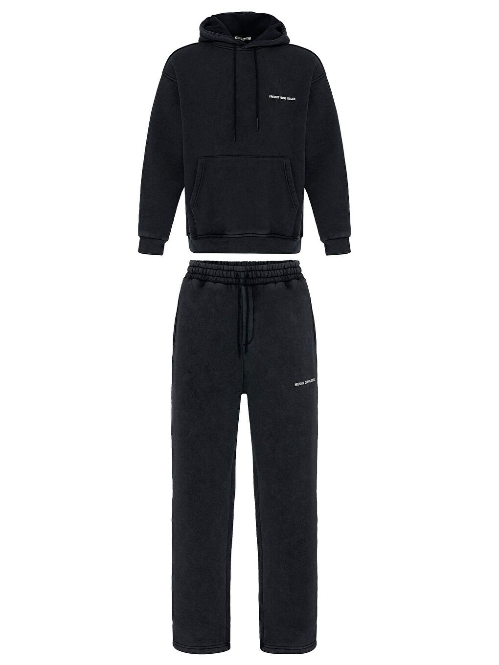 Yıkamalı Yazı Detaylı Oversize Eşofman Takım Siyah-1