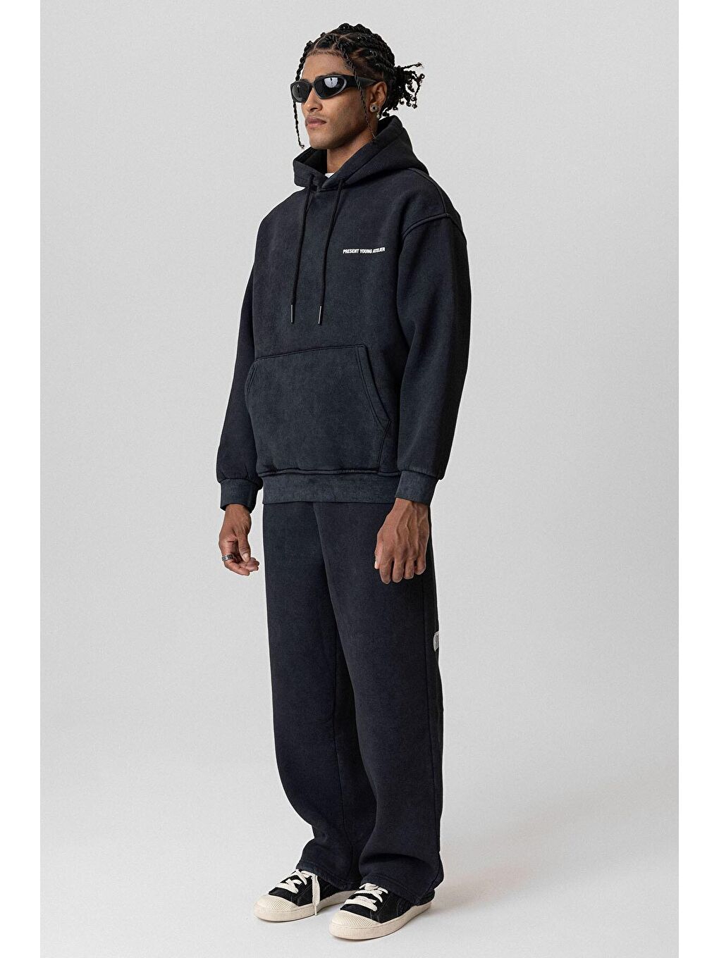 Yıkamalı Yazı Detaylı Oversize Eşofman Takım Siyah-3