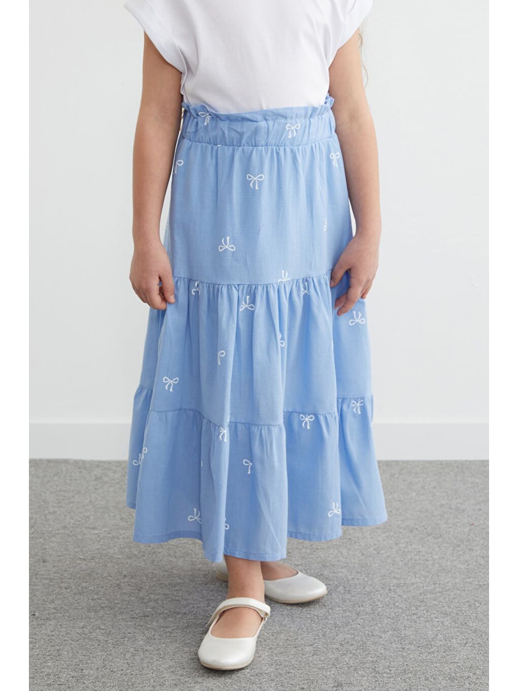 Mavi %100 Pamuk Beli Lastikli Fiyonk Nakışlı Kız Çocuk Etek-2