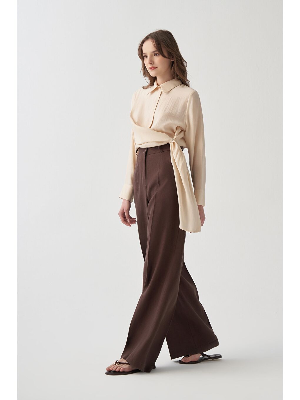 Kahverengi Kahve-Keten Palazzo Pantolon-2