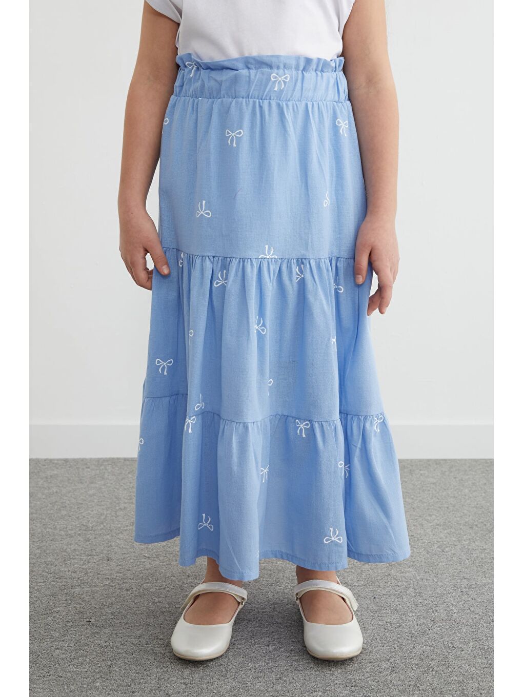 Mavi %100 Pamuk Beli Lastikli Fiyonk Nakışlı Kız Çocuk Etek-3