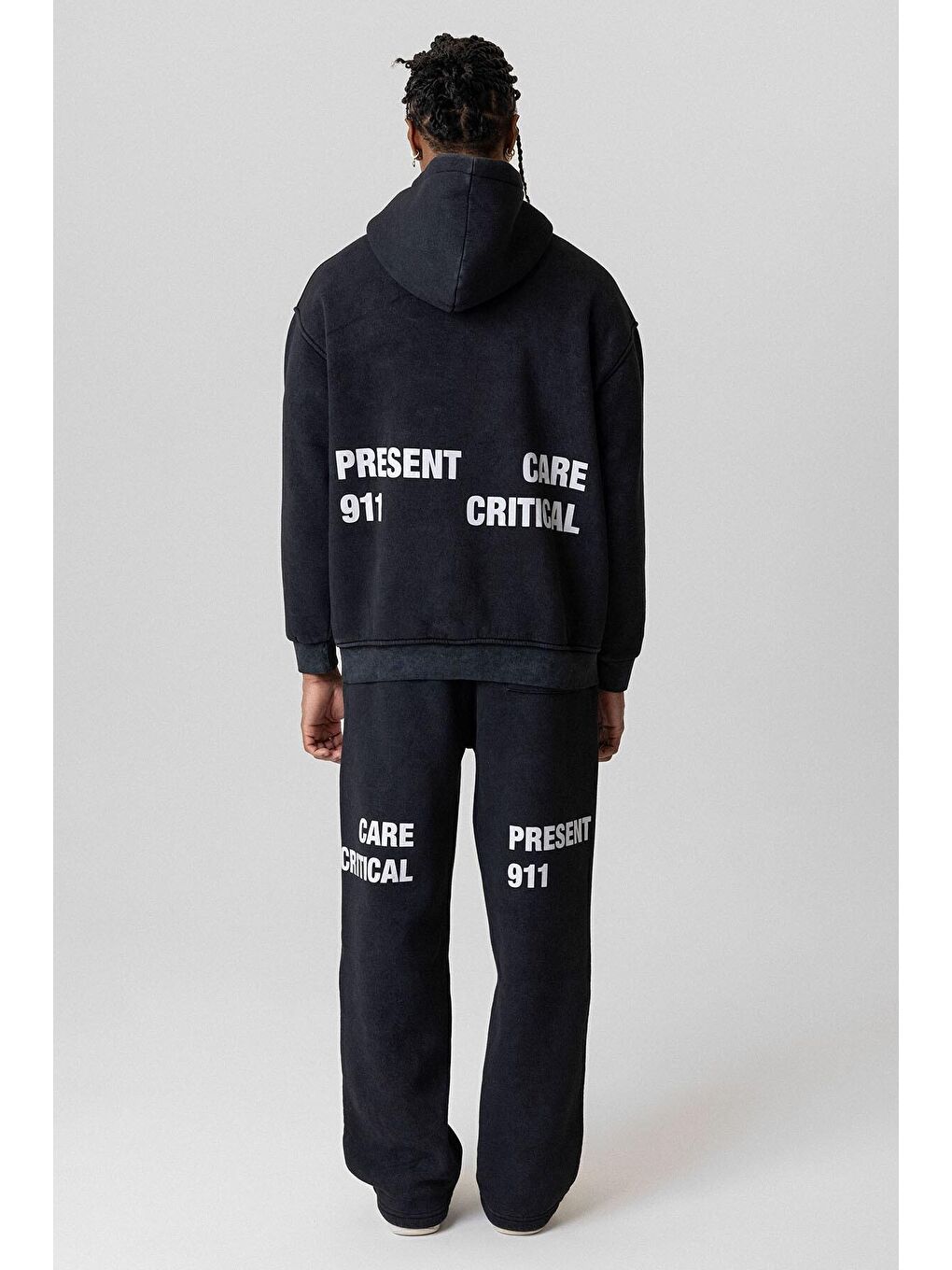 Yıkamalı Yazı Detaylı Oversize Eşofman Takım Siyah-7