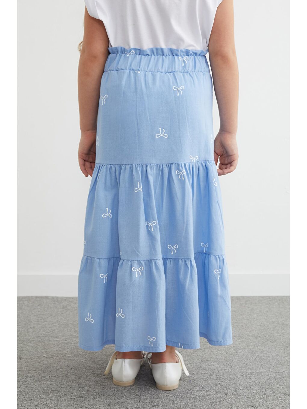 Mavi %100 Pamuk Beli Lastikli Fiyonk Nakışlı Kız Çocuk Etek-4