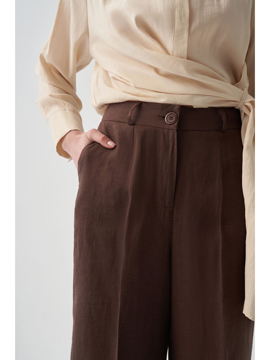 Kahverengi Kahve-Keten Palazzo Pantolon-4