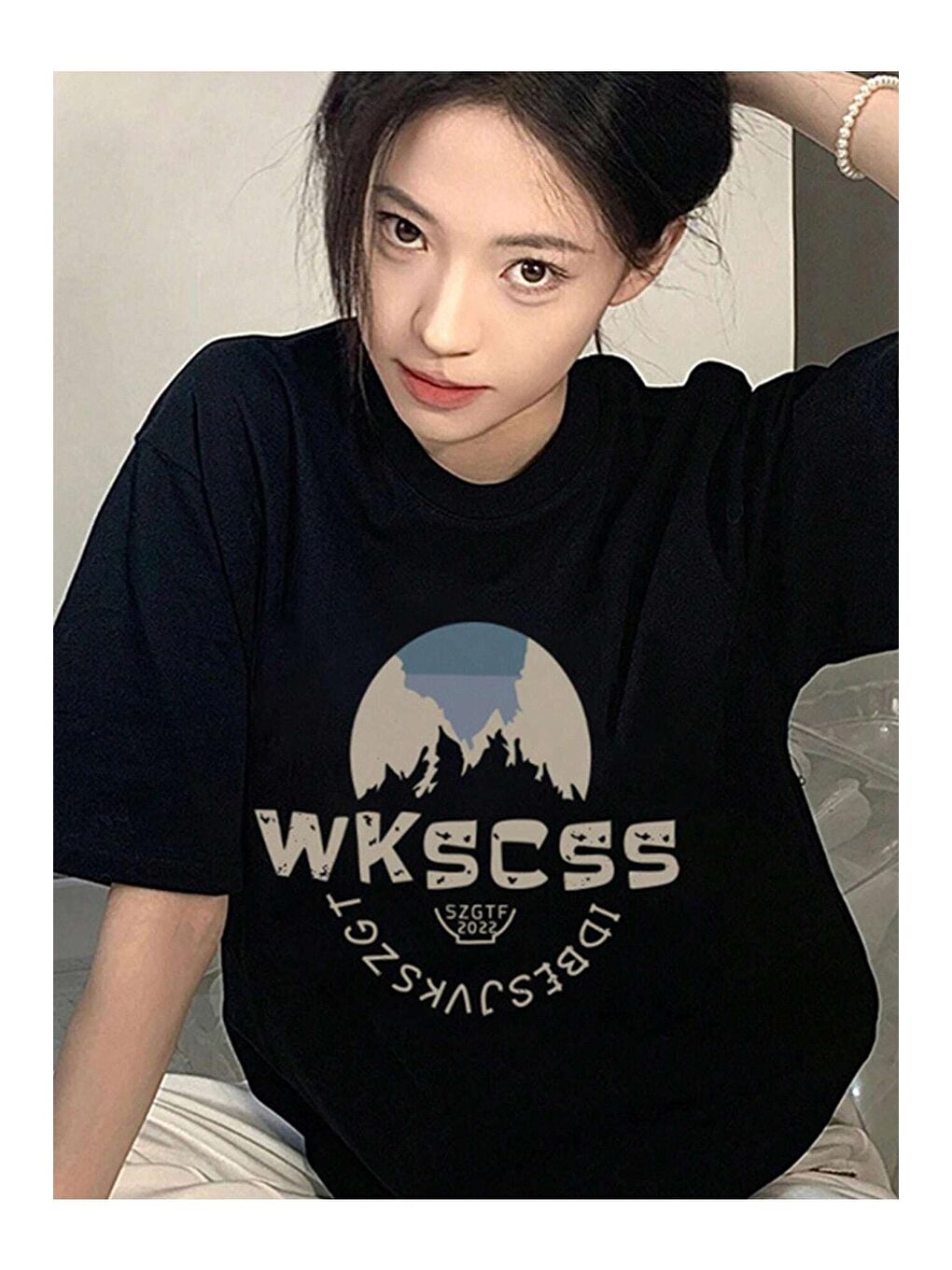 Kadın Siyah Wkscss Baskılı Oversize Tişört-3