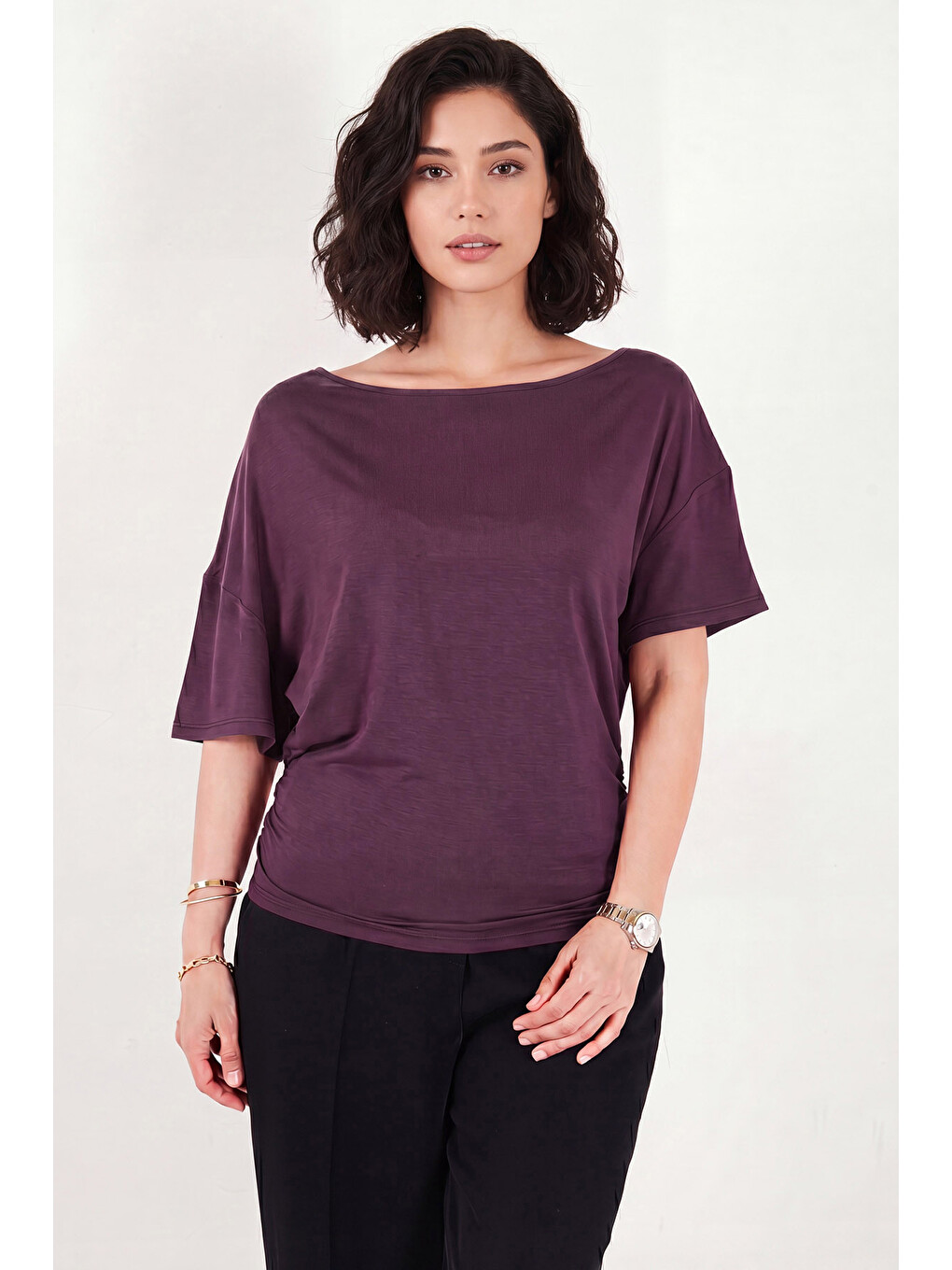 Mürdüm Standart Fit Drape Detaylı Yarasa Kol Kadın T Shirt 5866962-1