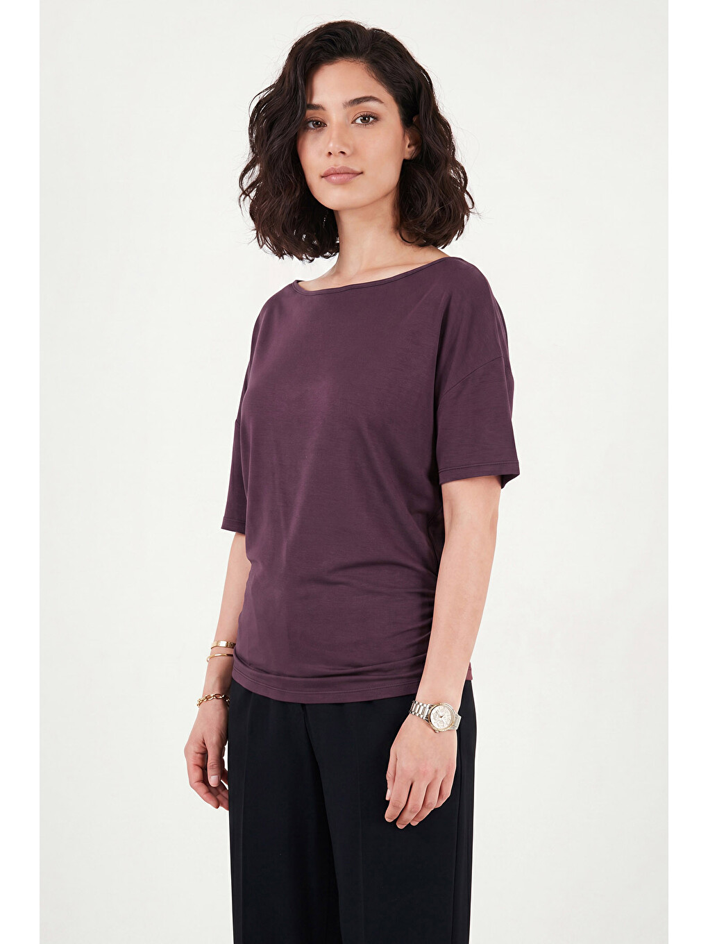 Mürdüm Standart Fit Drape Detaylı Yarasa Kol Kadın T Shirt 5866962-2