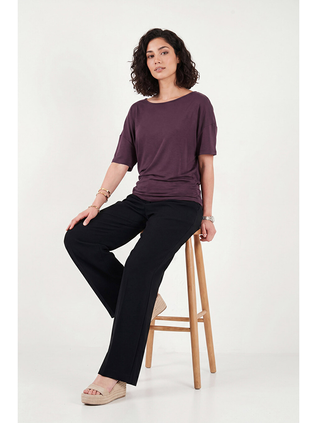 Mürdüm Standart Fit Drape Detaylı Yarasa Kol Kadın T Shirt 5866962-5