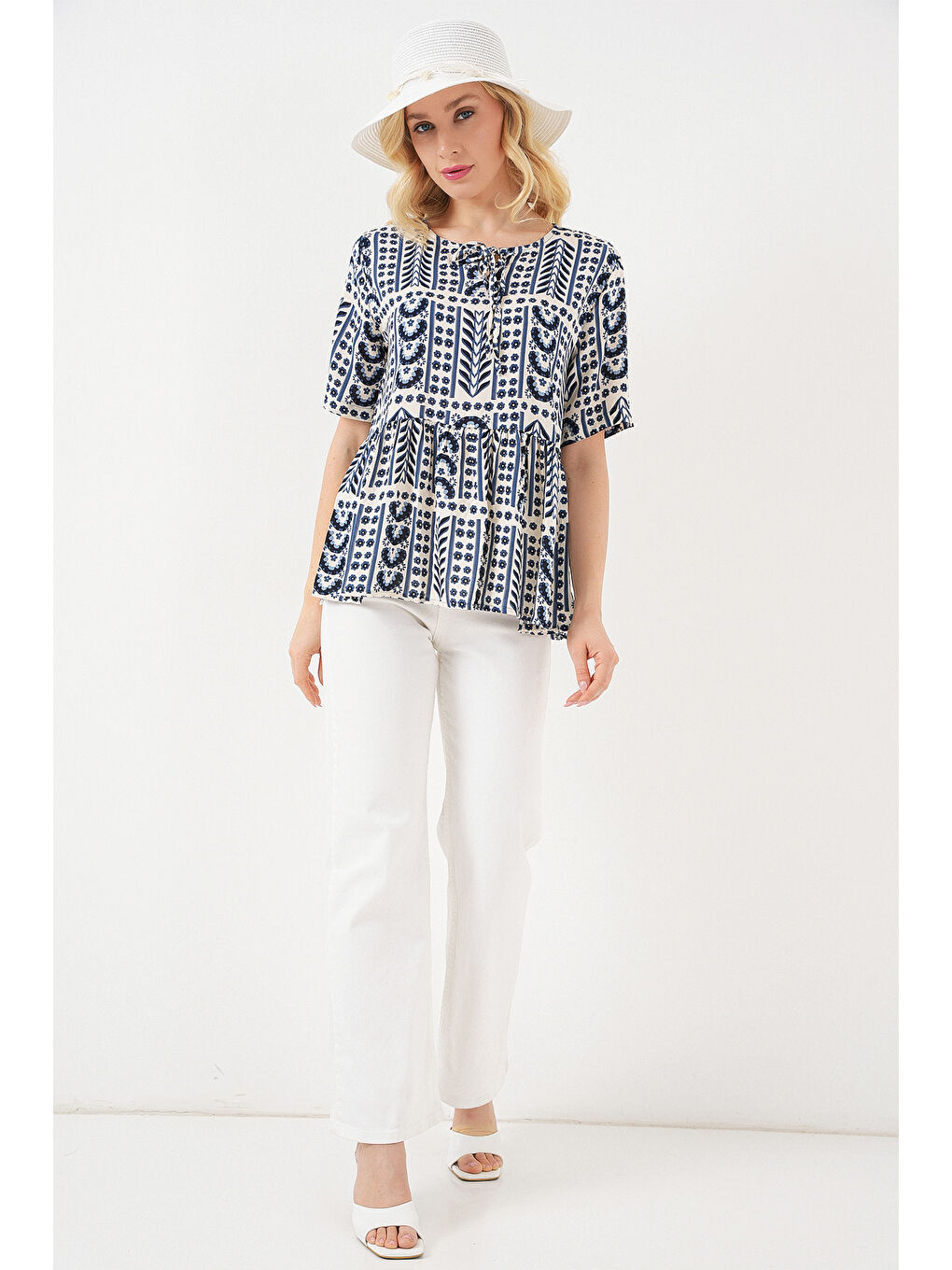 Kadın Desenli Kısa Kol Bluz 969 - İndigo-1