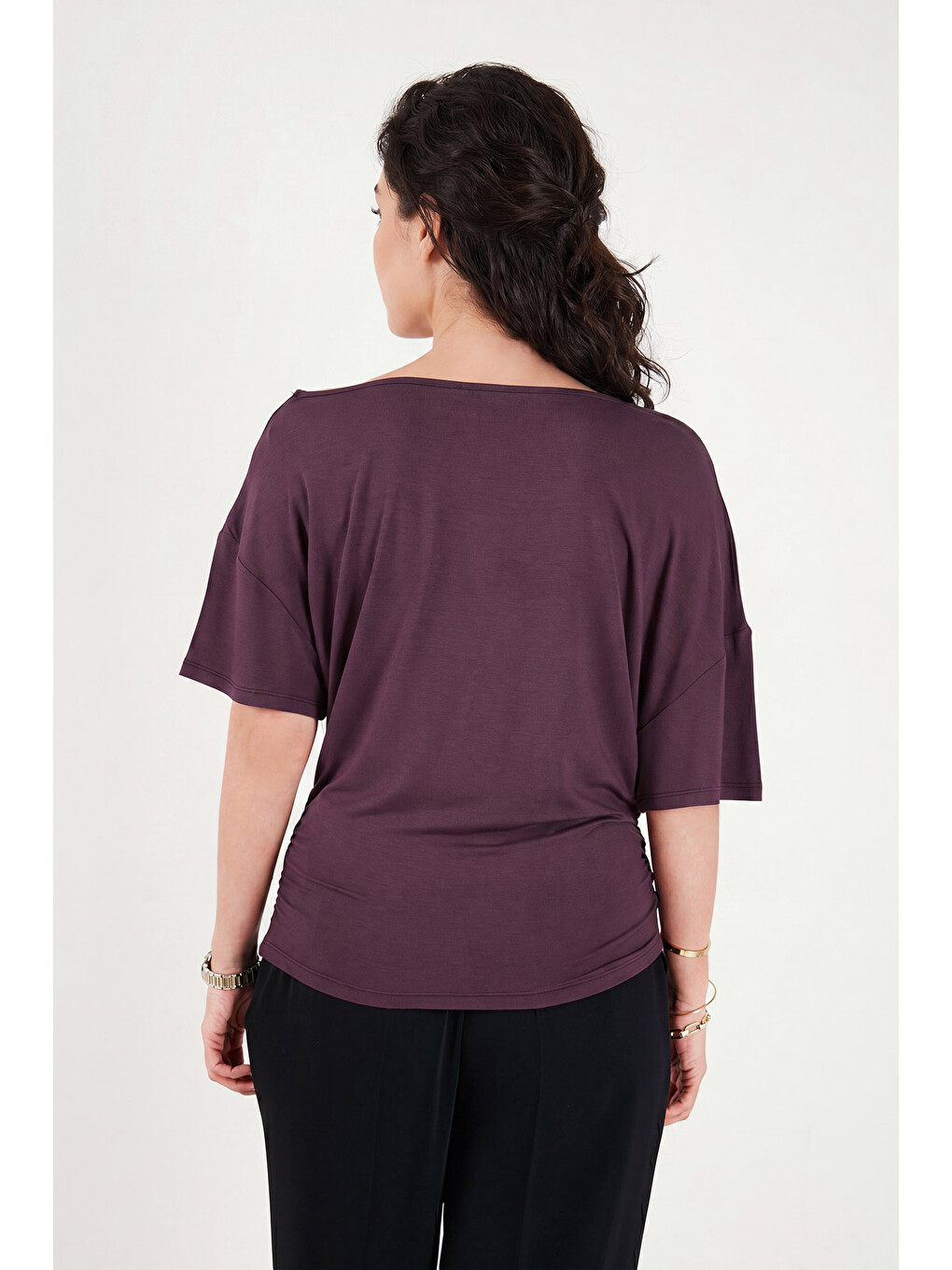 Mürdüm Standart Fit Drape Detaylı Yarasa Kol Kadın T Shirt 5866962-6