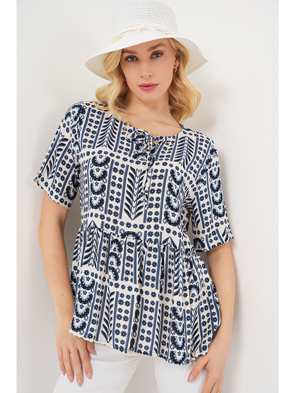 Kadın Desenli Kısa Kol Bluz 969 - İndigo-2