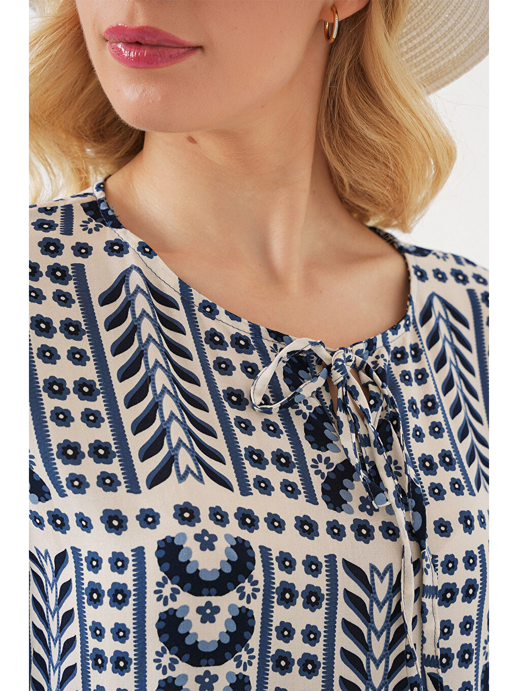 Kadın Desenli Kısa Kol Bluz 969 - İndigo-4