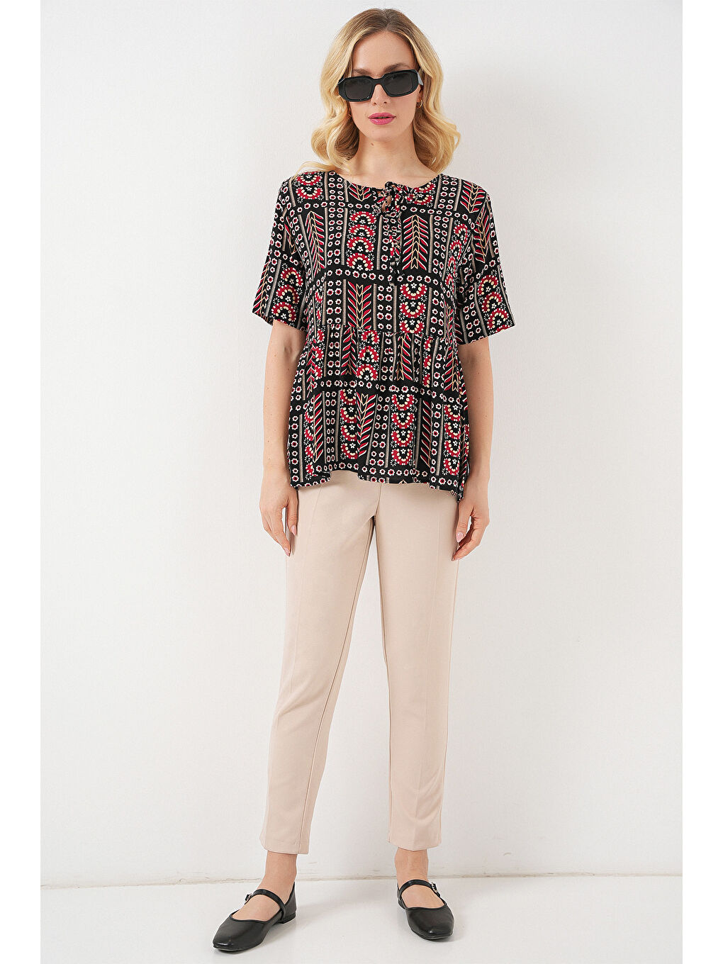 Kadın Desenli Kısa Kol Bluz 969 - Siyah-1