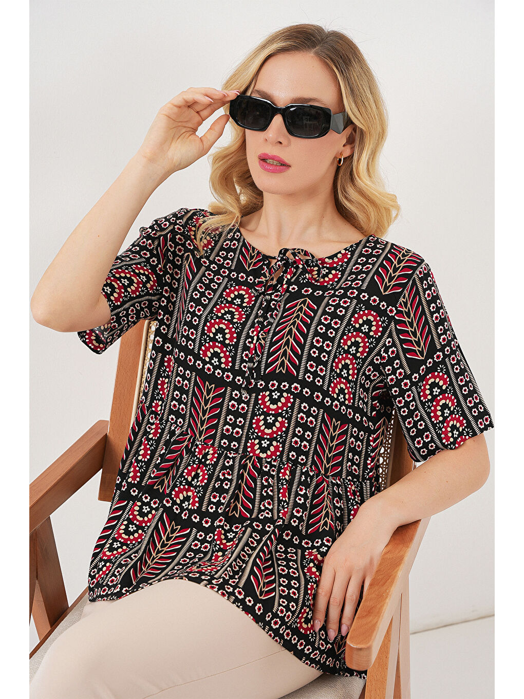 Kadın Desenli Kısa Kol Bluz 969 - Siyah-2