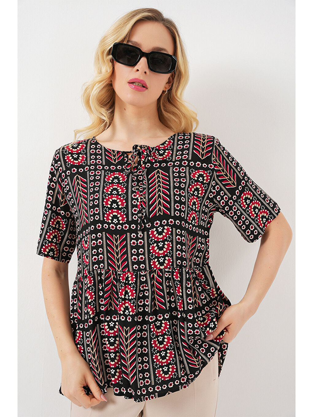 Kadın Desenli Kısa Kol Bluz 969 - Siyah-3