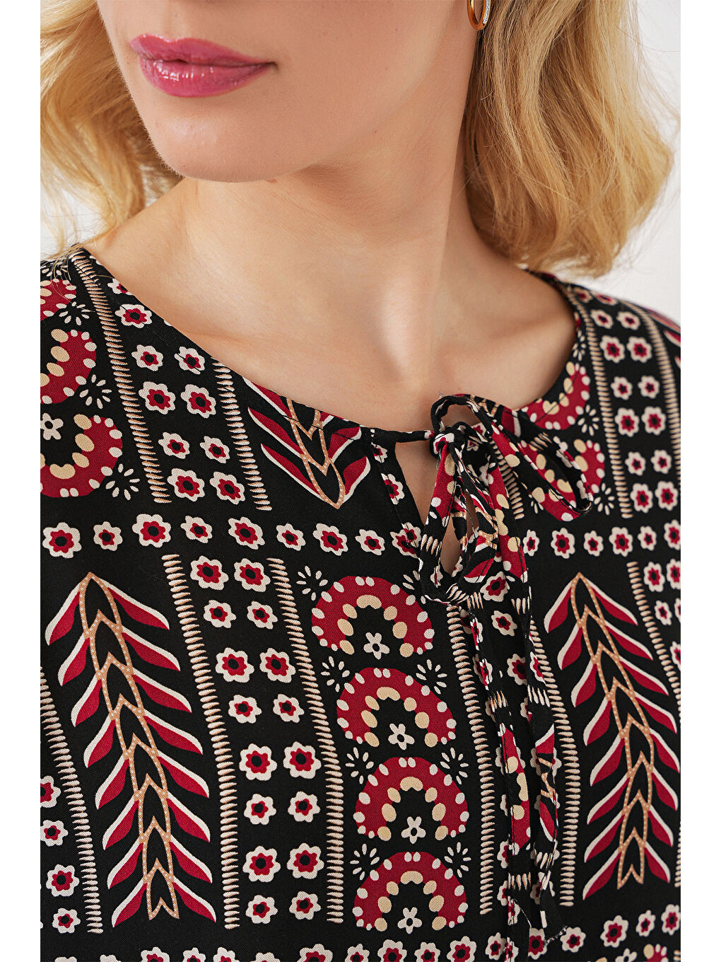 Kadın Desenli Kısa Kol Bluz 969 - Siyah-4