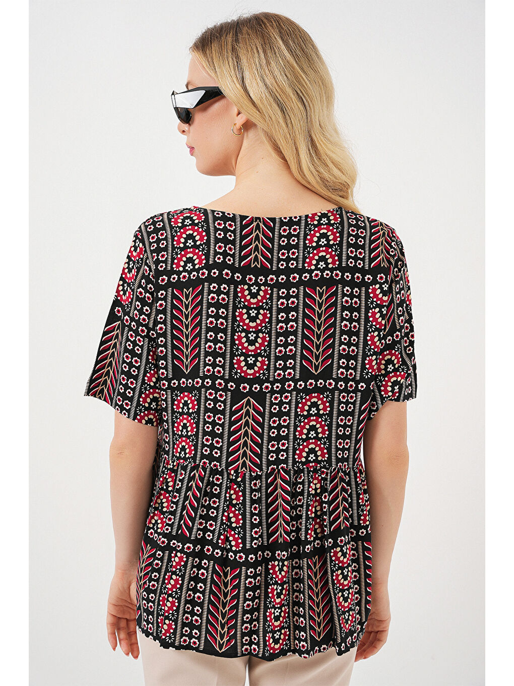 Kadın Desenli Kısa Kol Bluz 969 - Siyah-5