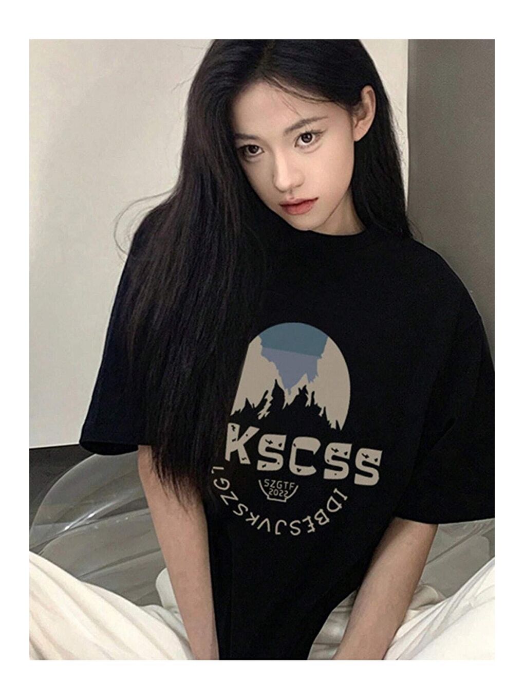 Kadın Siyah Wkscss Baskılı Oversize Tişört-4