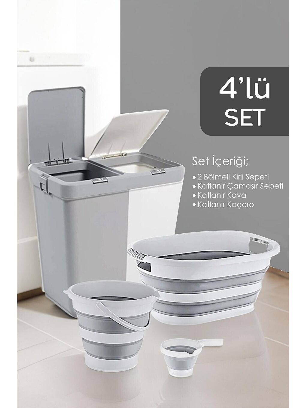 Gri 4'lü Katlanır Çamaşır Sepeti Seti - 90 Lt Kirli Çamaşır Sepeti - Katlanır Sele - Su Kovası - Maşrapa