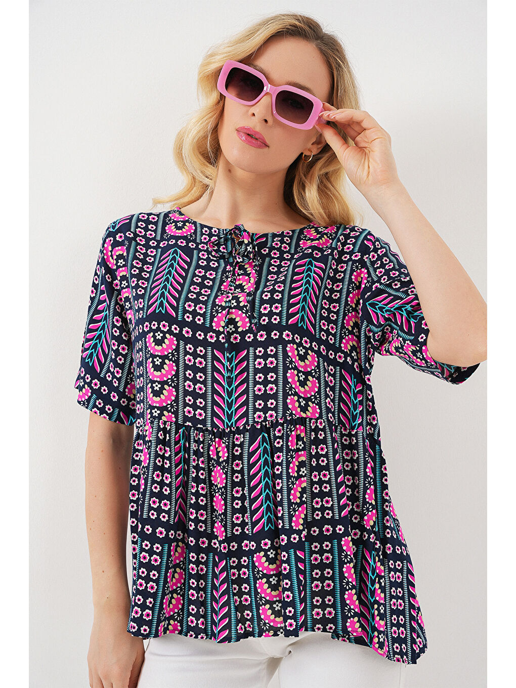 Kadın Desenli Kısa Kol Bluz 969 - Lacivert