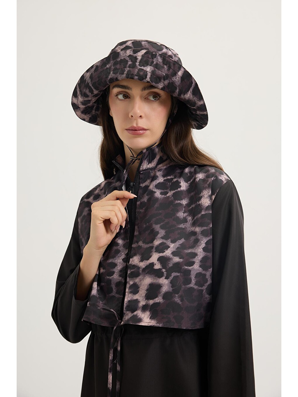 Kahverengi Paraşüt Animal Desenli Bağlamalı Tesettür Mayo Takım Leopar-3