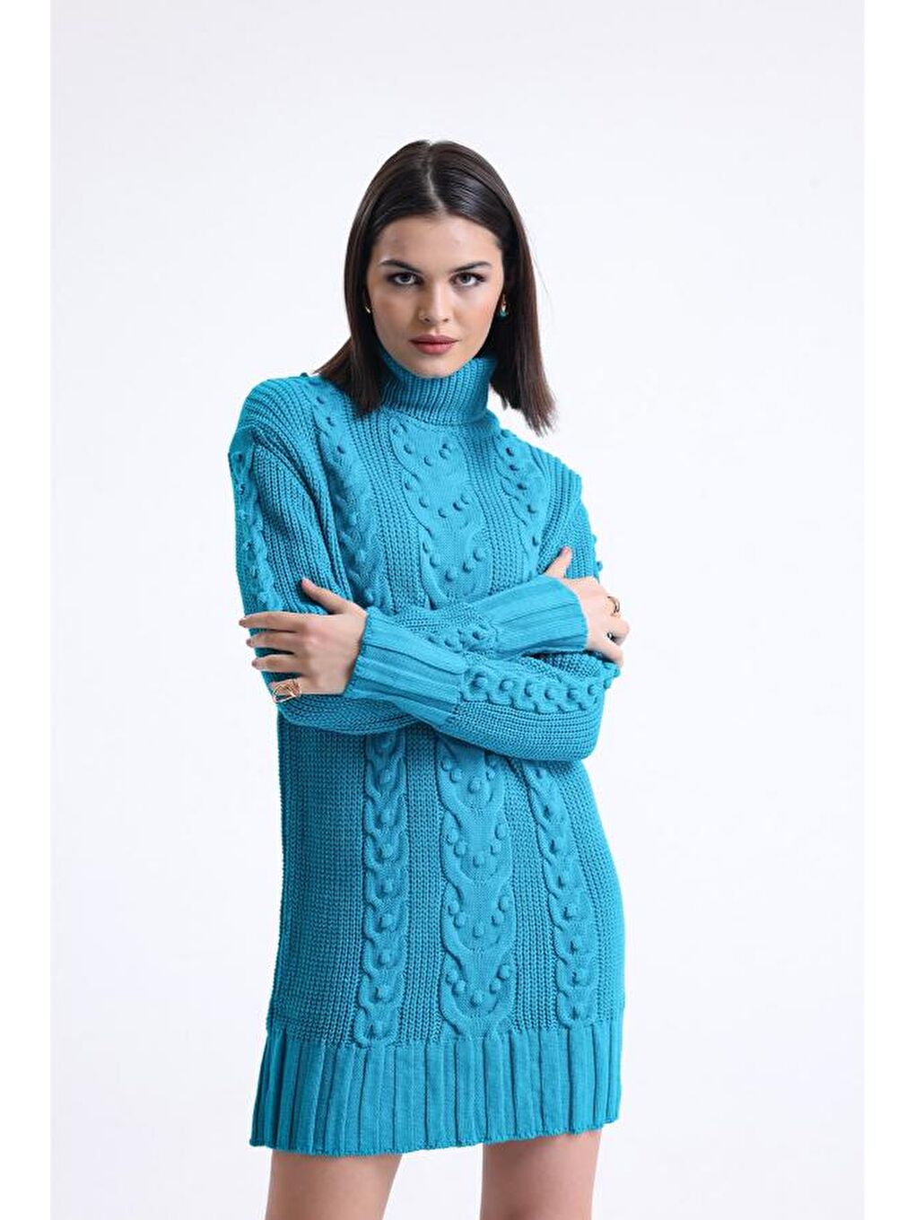 Turkuaz Kadın Balıkçı Yaka Gofralı Triko Tunik 11002