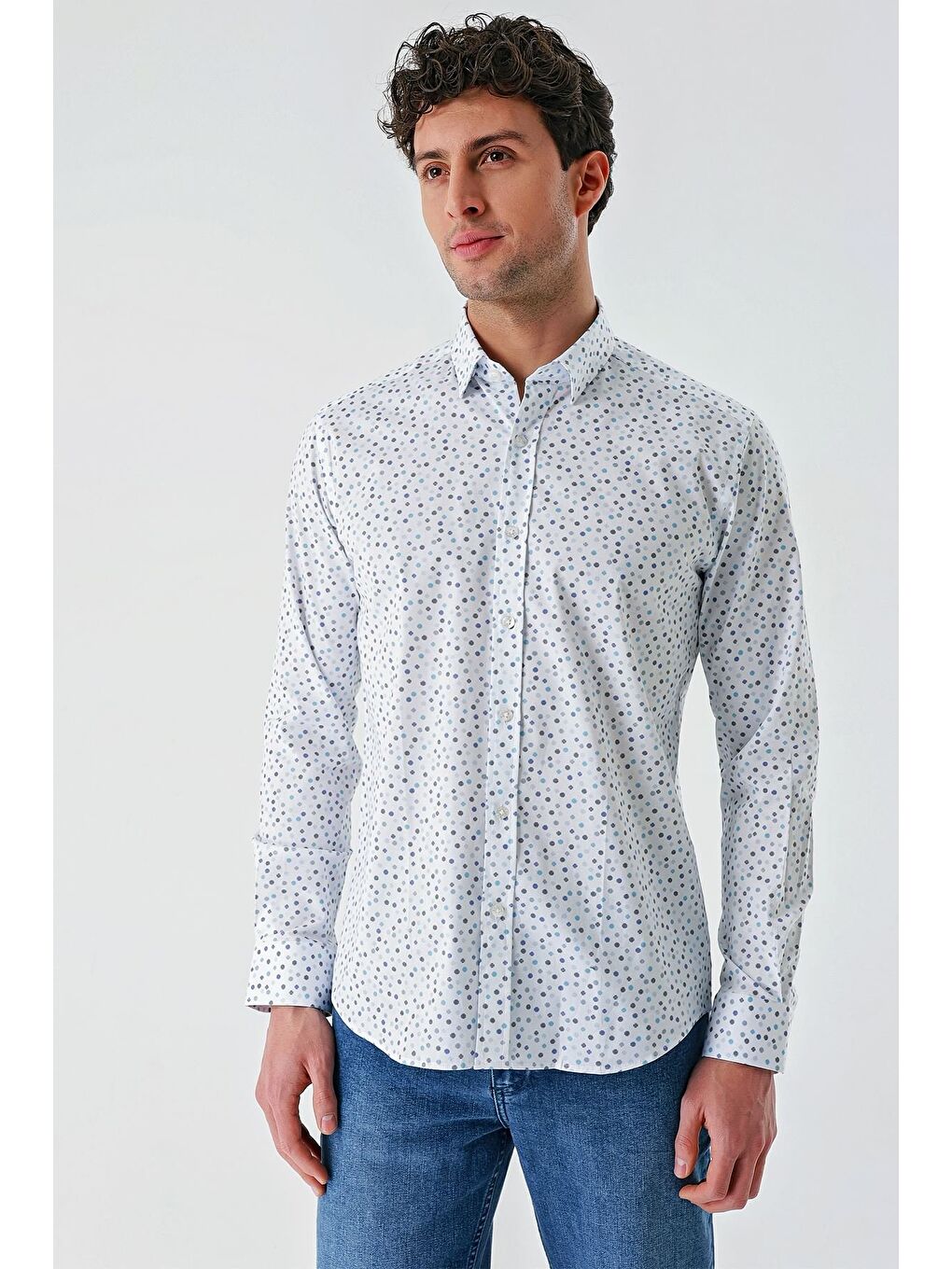 Beyaz Uzun Kollu Baskılı Biritli Yaka Cepsiz Pamuklu Klasik Slim Fit Dar Kesim Gömlek 1004240216-2