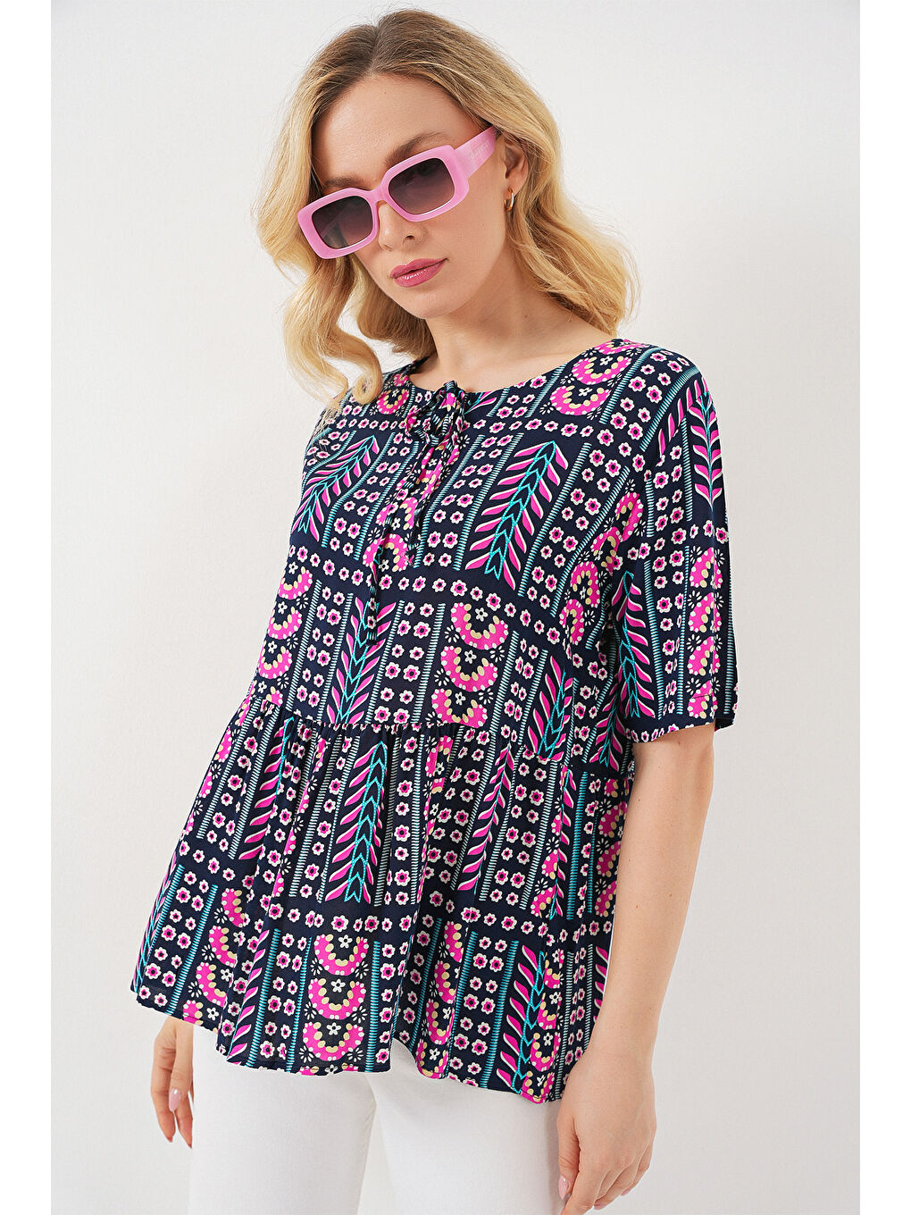 Kadın Desenli Kısa Kol Bluz 969 - Lacivert-2