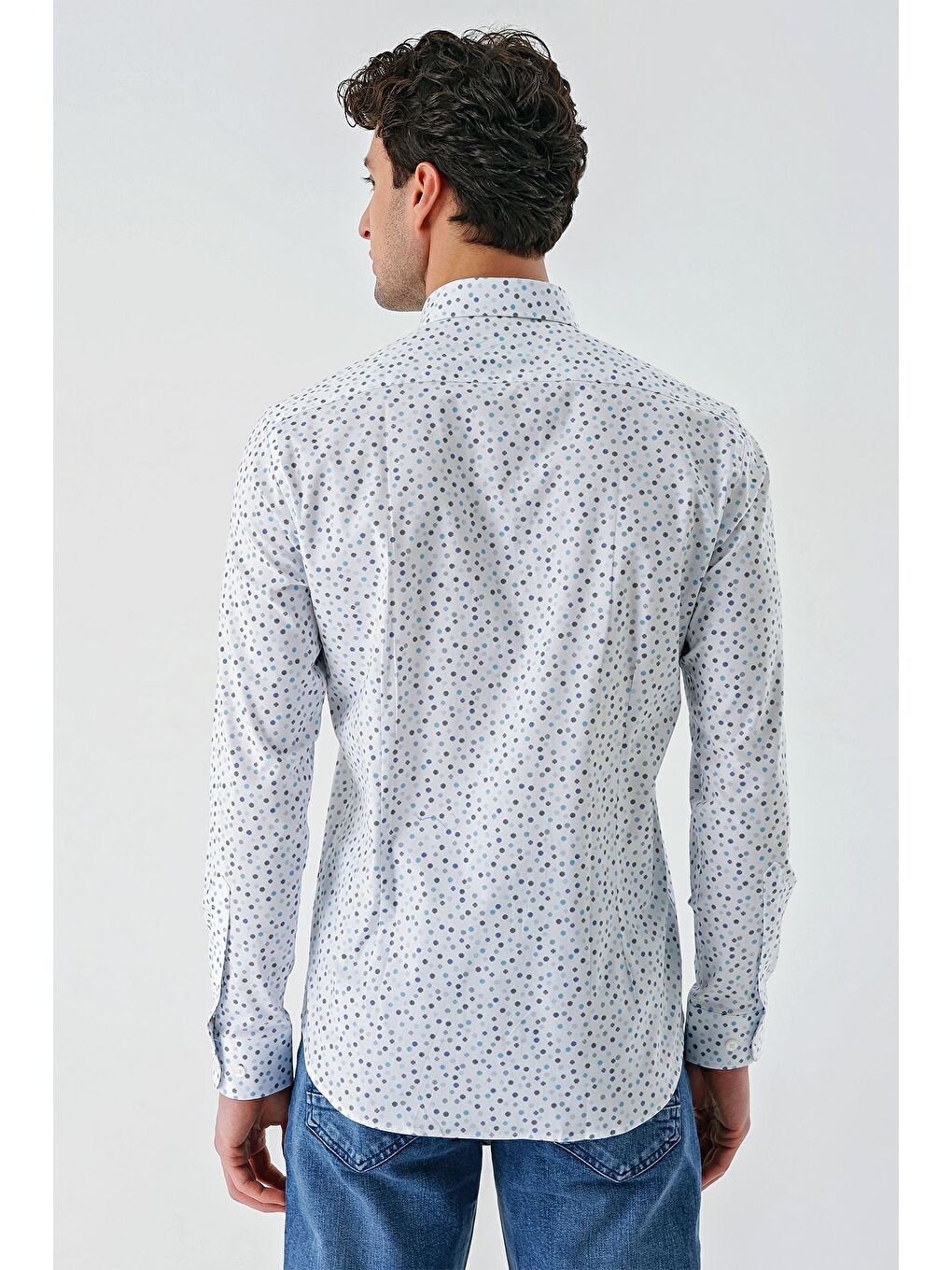 Beyaz Uzun Kollu Baskılı Biritli Yaka Cepsiz Pamuklu Klasik Slim Fit Dar Kesim Gömlek 1004240216-6