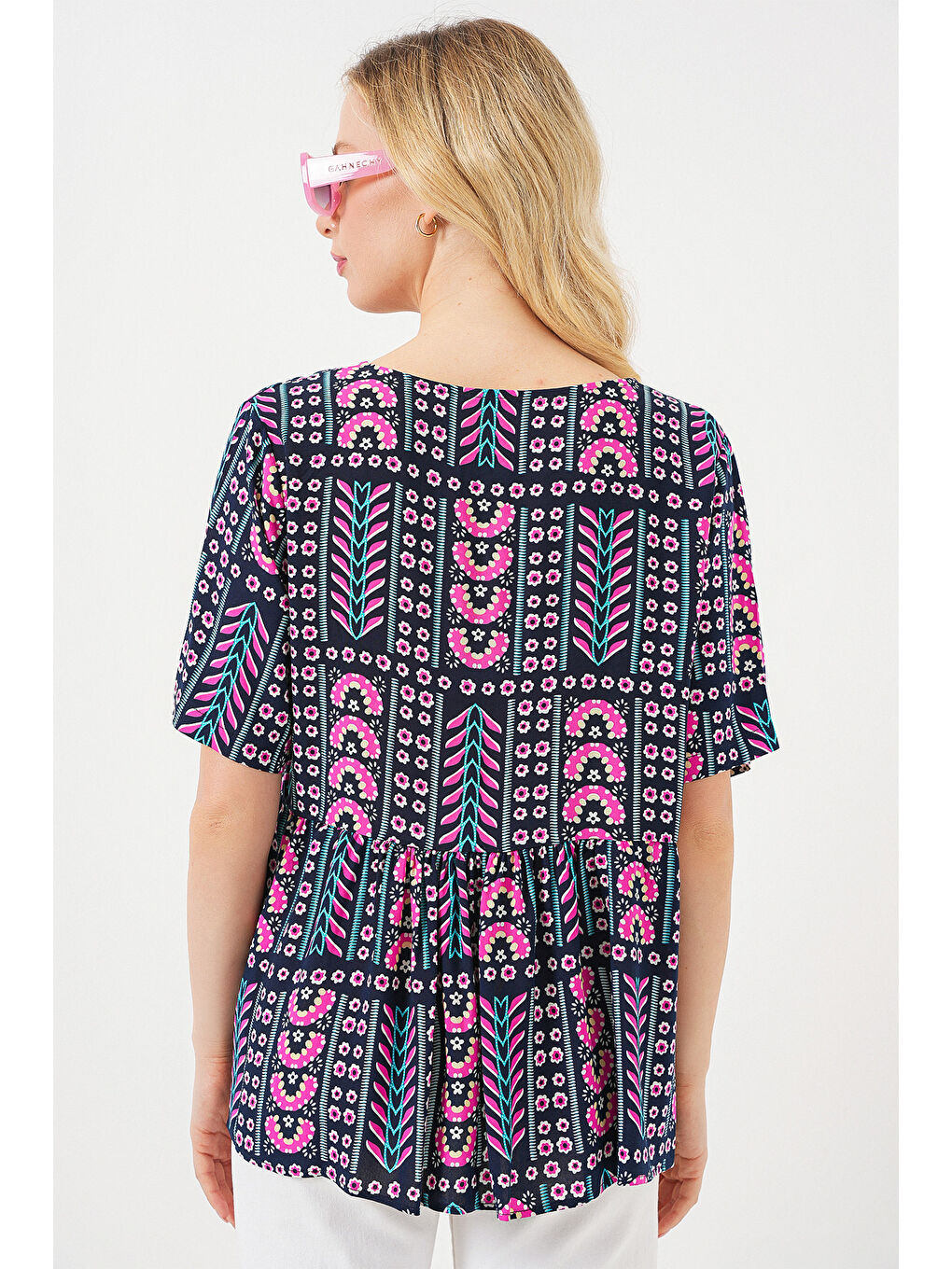 Kadın Desenli Kısa Kol Bluz 969 - Lacivert-5