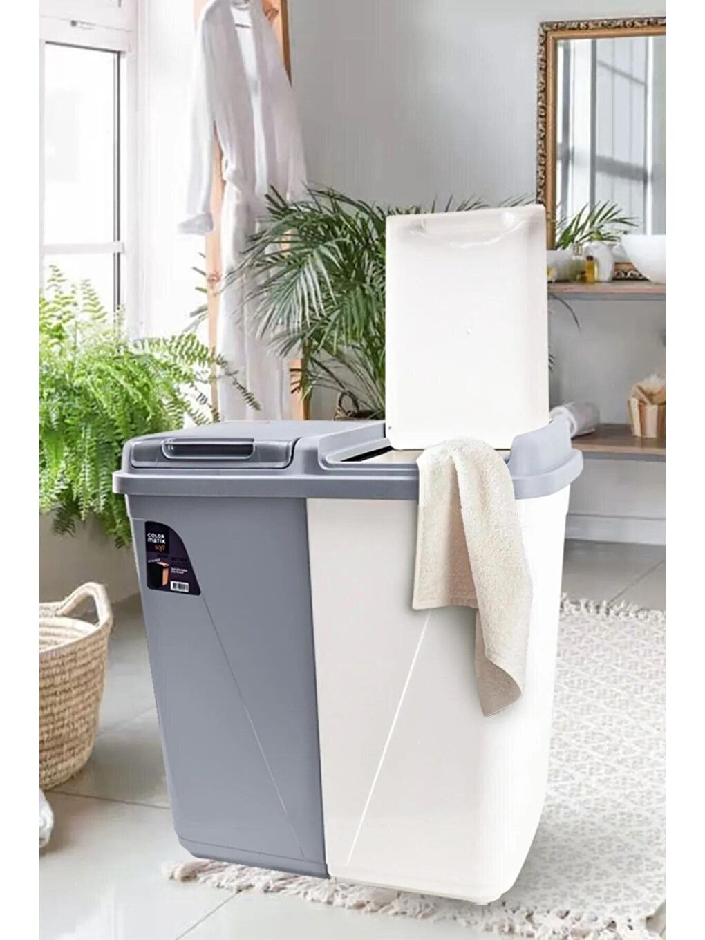 Gri 4'lü Katlanır Çamaşır Sepeti Seti - 90 Lt Kirli Çamaşır Sepeti - Katlanır Sele - Su Kovası - Maşrapa-1
