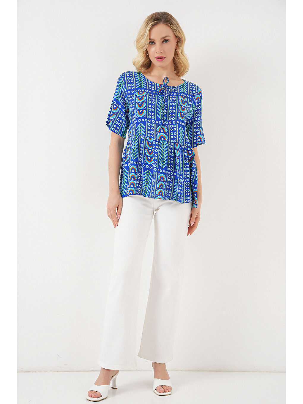 Mavi Kadın Desenli Kısa Kol Bluz 969 - Saks-1