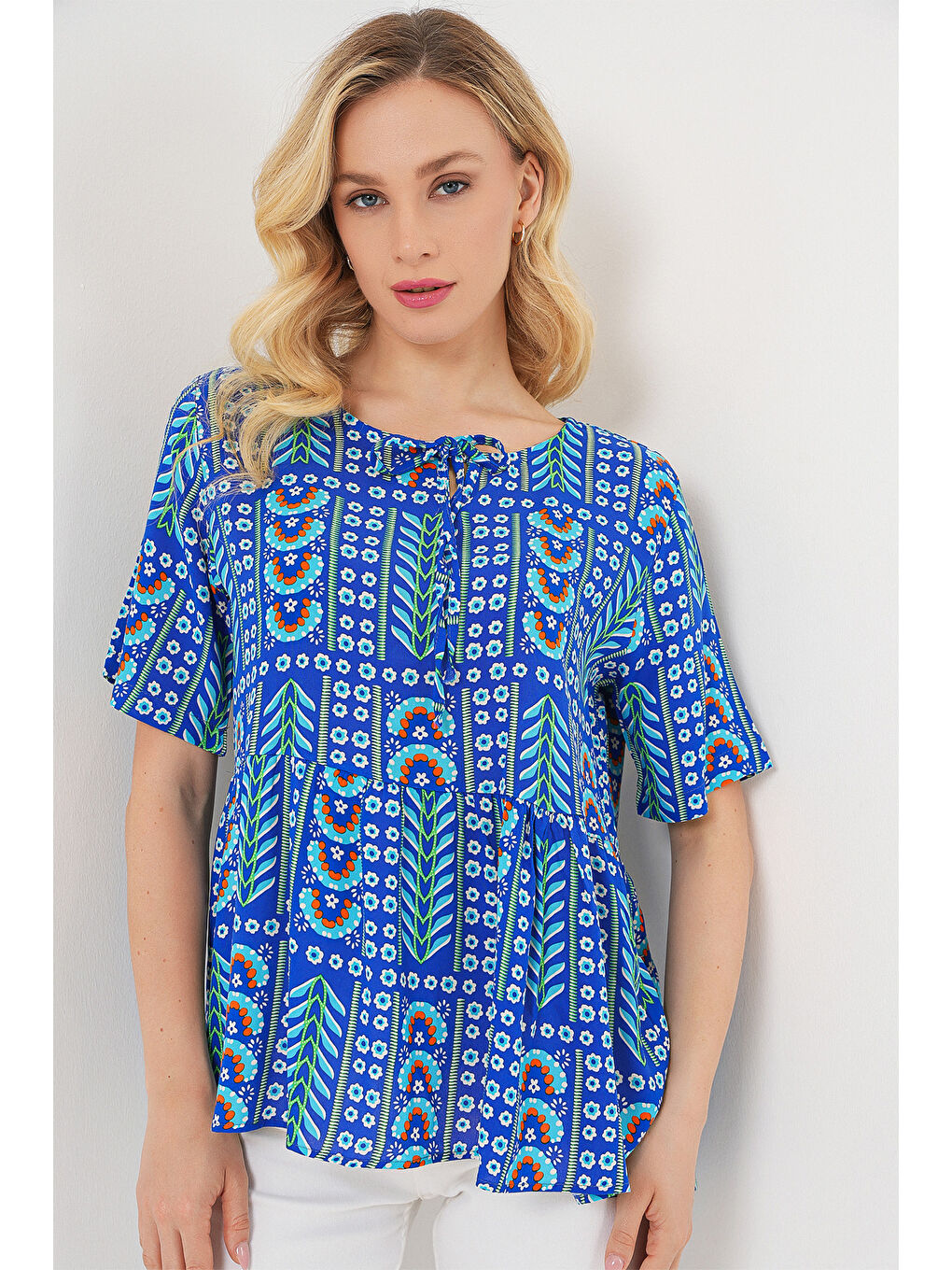 Mavi Kadın Desenli Kısa Kol Bluz 969 - Saks-2