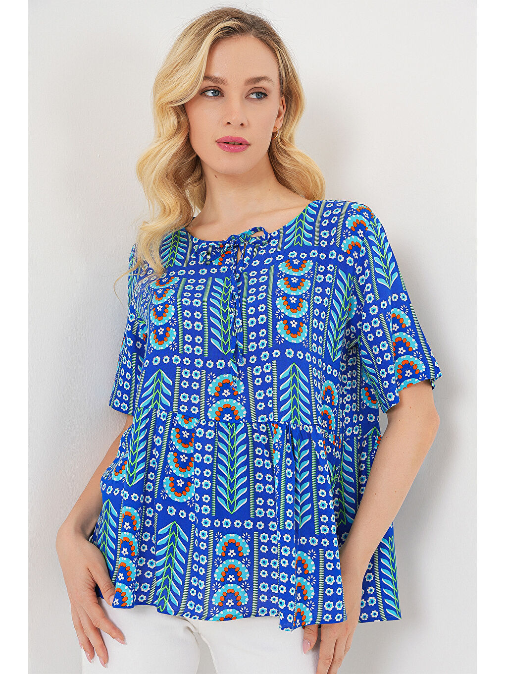 Mavi Kadın Desenli Kısa Kol Bluz 969 - Saks-3