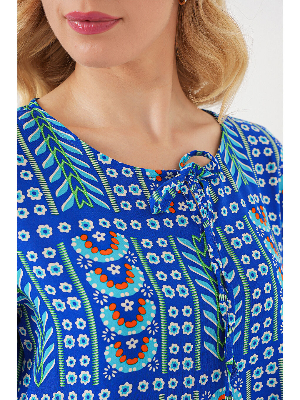 Mavi Kadın Desenli Kısa Kol Bluz 969 - Saks-4