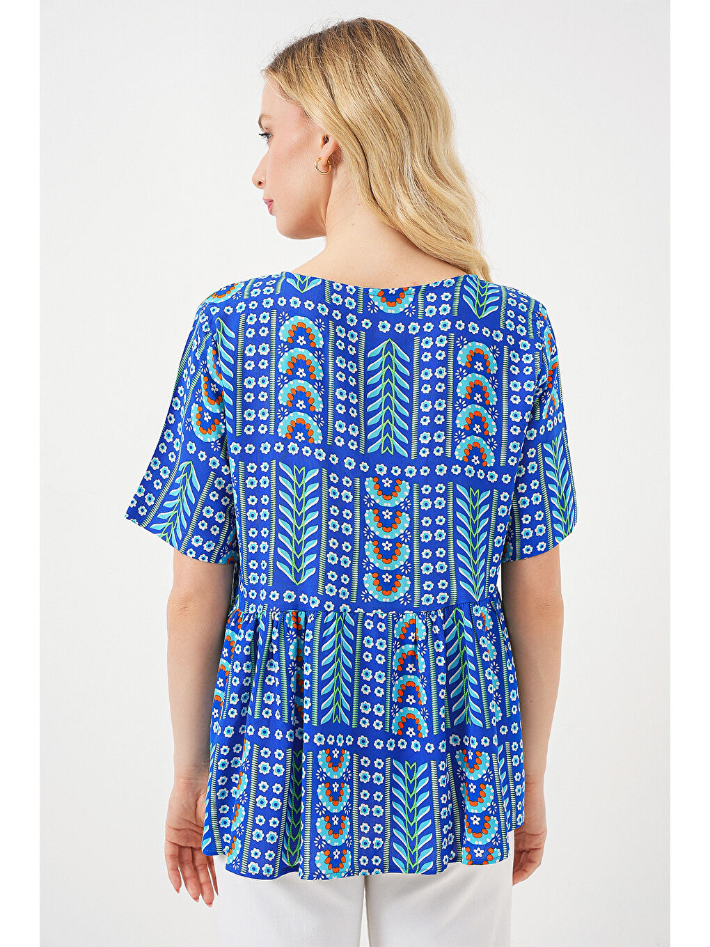 Mavi Kadın Desenli Kısa Kol Bluz 969 - Saks-5